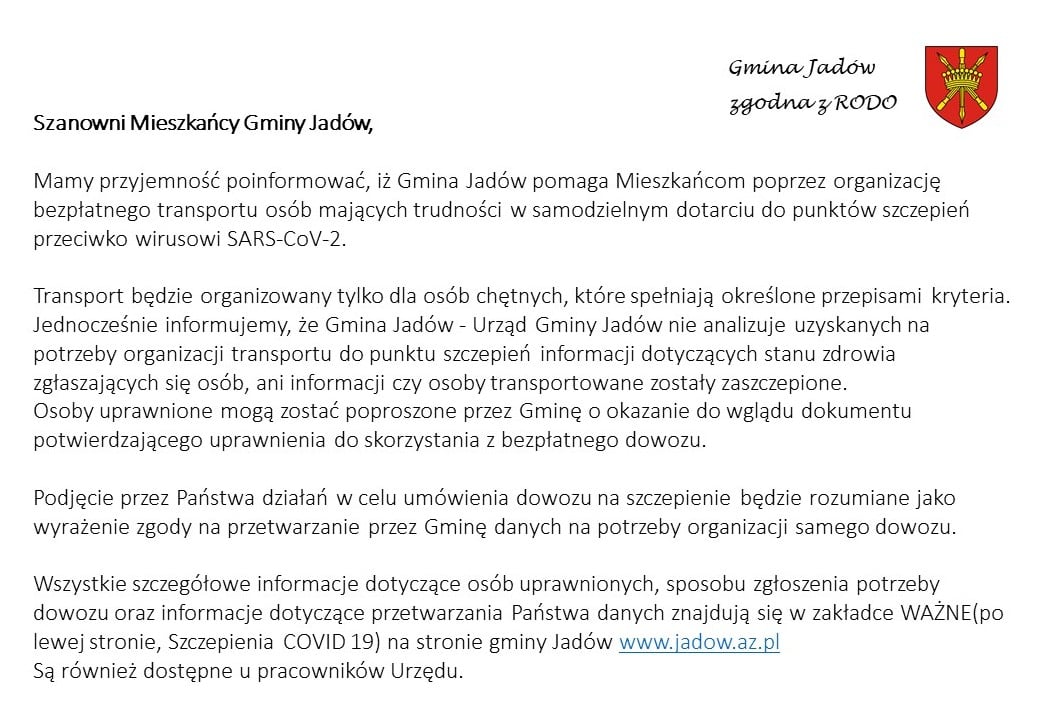 Informacja dla mieszkańców gminy Jadów dotycząca szczepień