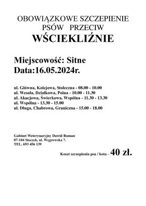 OBOWIĄZKOWE SZCZEPIENIE  PSÓW   PRZECIW WŚCIEKLIŹNIE