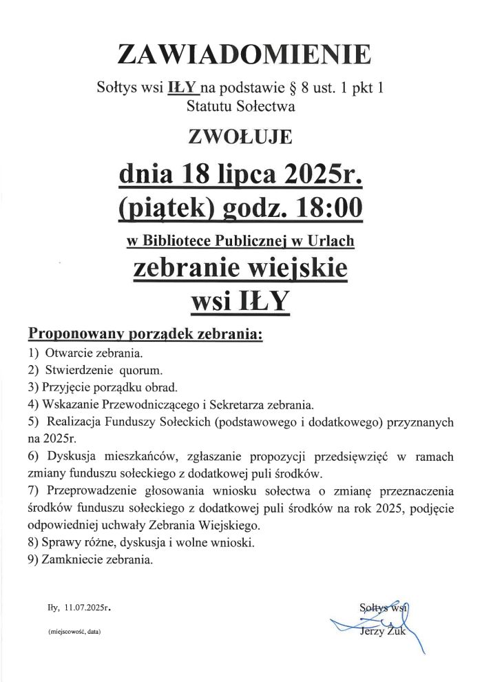 ZAWIADOMIENIE o zebraniu wiejskim w msc. Ily _18.07.2025r. godz_ 18_00_ Biblioteka w Urlach__page-0001
