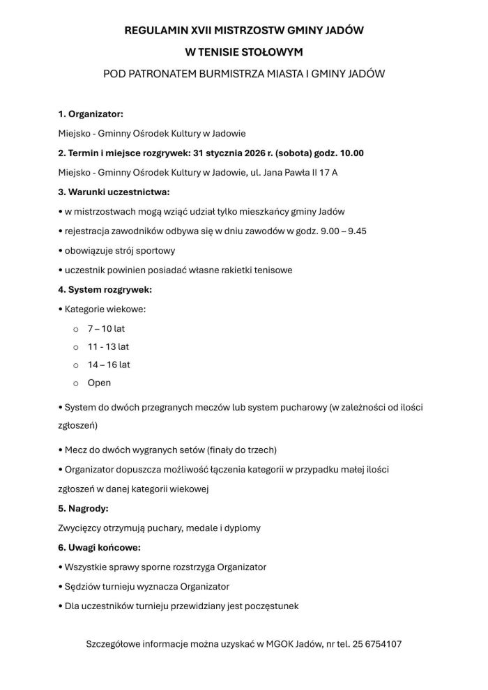 regulamin turnieju w tenisie stołowym