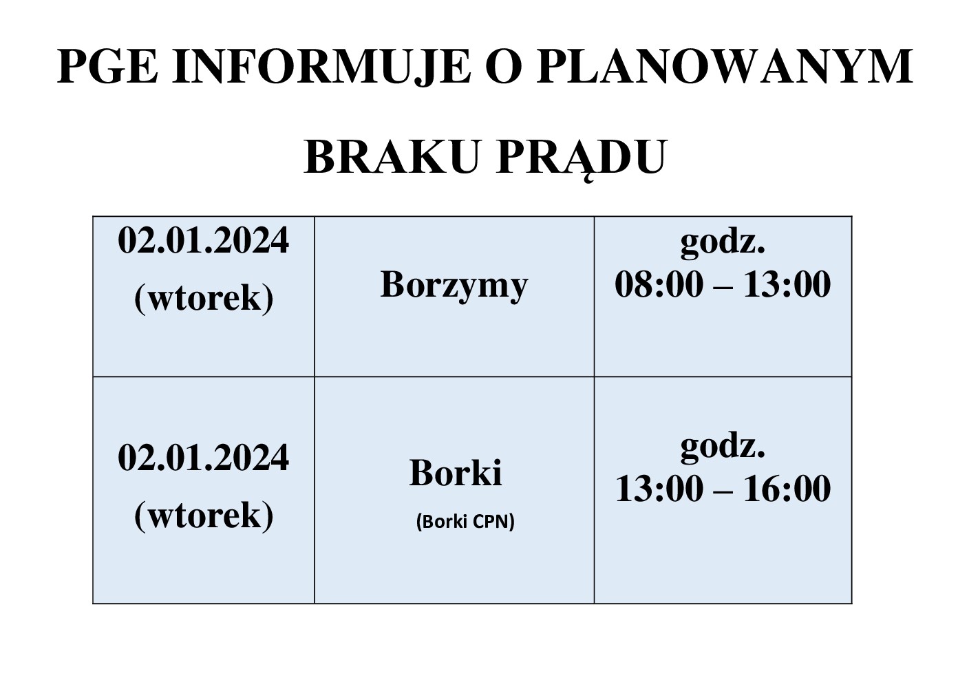 PGE INFORMUJE O PLANOWANYM BRAKU PRĄDU